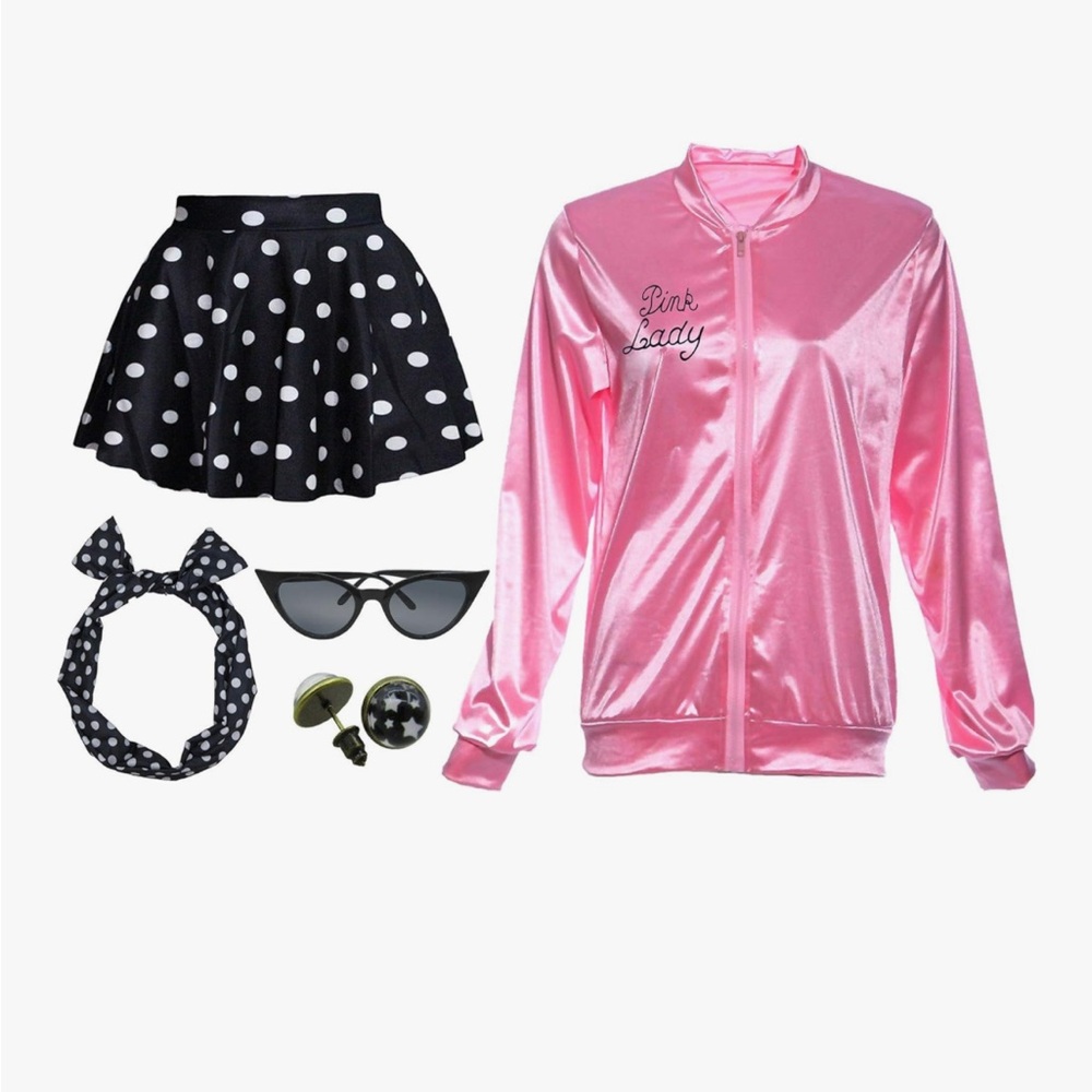 1950’s Pink Satin Jacket and Polka Dot Skirt Set, Size Large, EUC